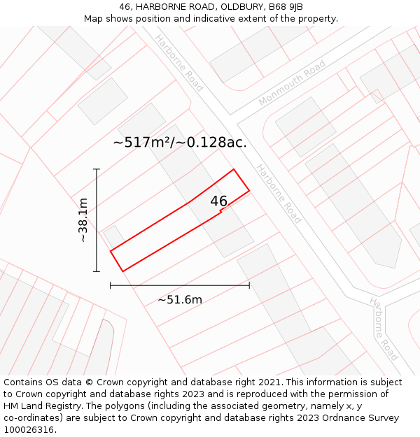 46, HARBORNE ROAD, OLDBURY, B68 9JB: Plot and title map