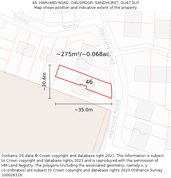 46, HARVARD ROAD, OWLSMOOR, SANDHURST, GU47 0UY: Plot and title map