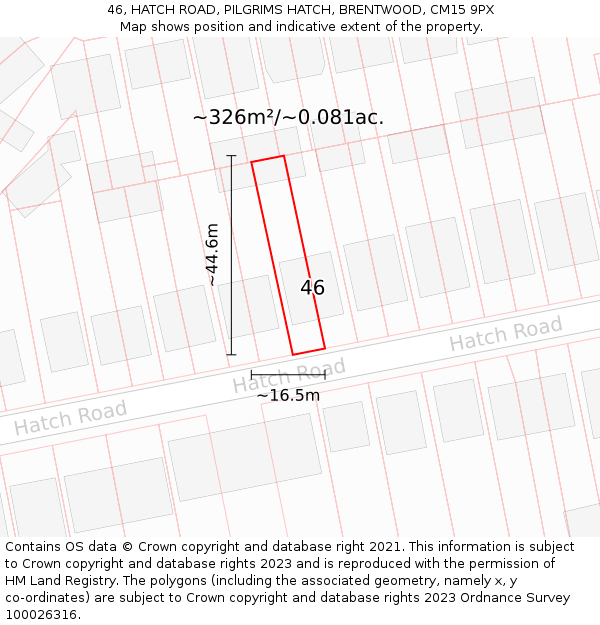 46, HATCH ROAD, PILGRIMS HATCH, BRENTWOOD, CM15 9PX: Plot and title map