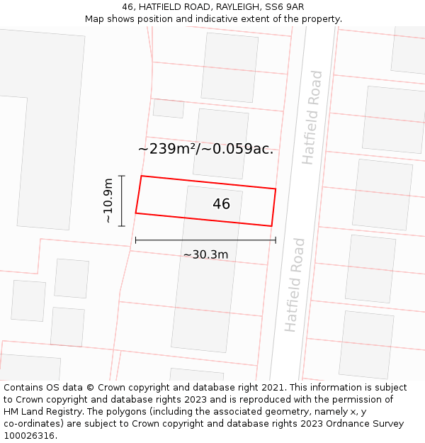 46, HATFIELD ROAD, RAYLEIGH, SS6 9AR: Plot and title map