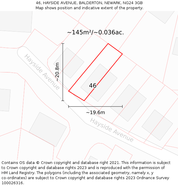 46, HAYSIDE AVENUE, BALDERTON, NEWARK, NG24 3GB: Plot and title map