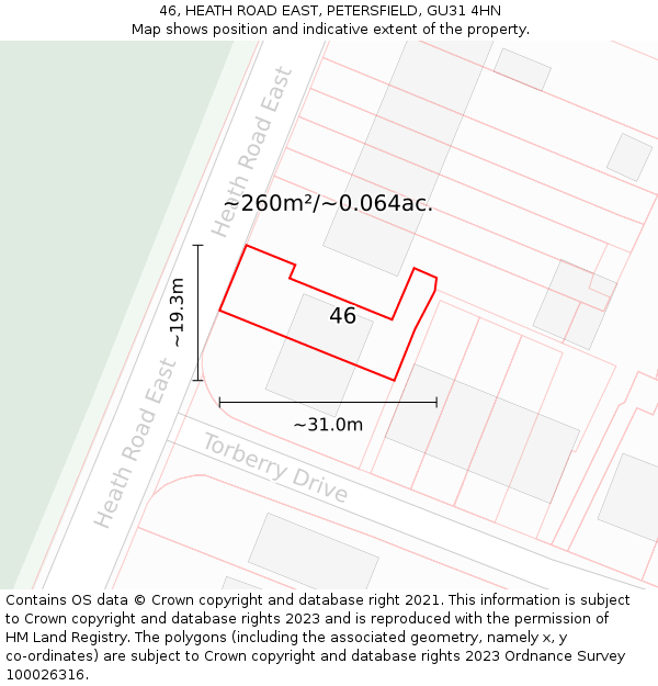 46, HEATH ROAD EAST, PETERSFIELD, GU31 4HN: Plot and title map
