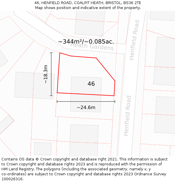 46, HENFIELD ROAD, COALPIT HEATH, BRISTOL, BS36 2TE: Plot and title map