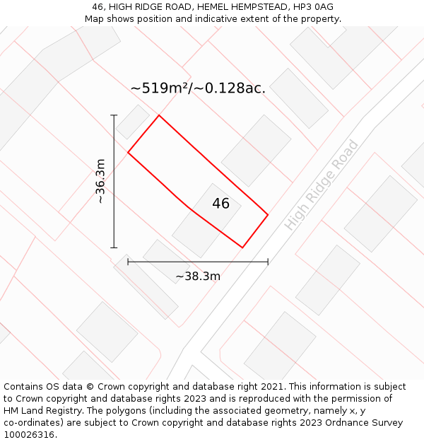 46, HIGH RIDGE ROAD, HEMEL HEMPSTEAD, HP3 0AG: Plot and title map