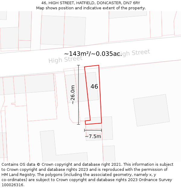 46, HIGH STREET, HATFIELD, DONCASTER, DN7 6RY: Plot and title map