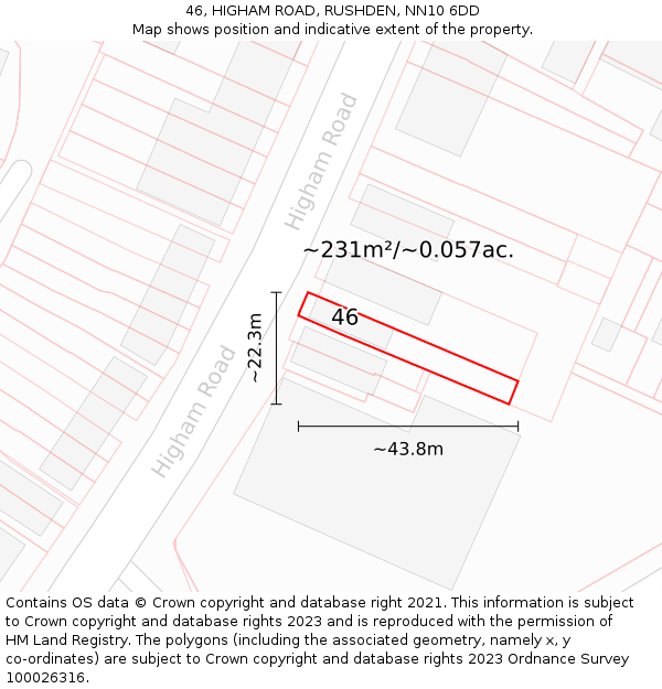 46, HIGHAM ROAD, RUSHDEN, NN10 6DD: Plot and title map