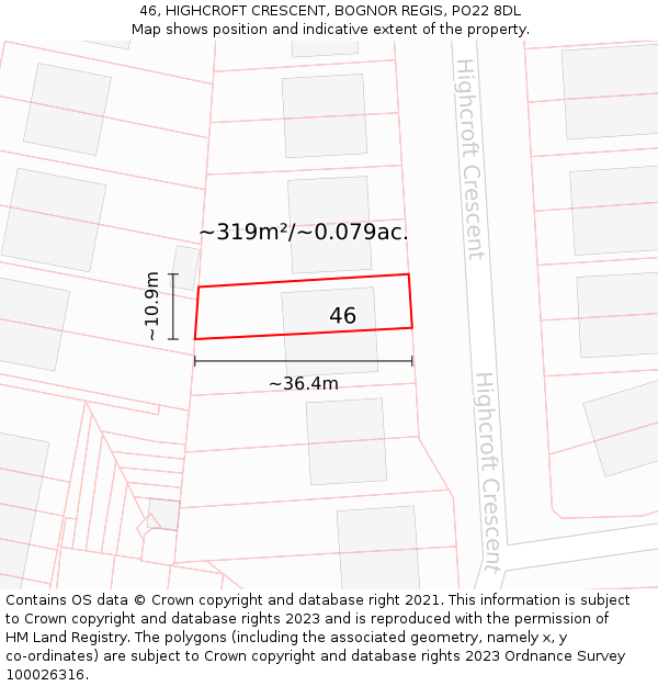 46, HIGHCROFT CRESCENT, BOGNOR REGIS, PO22 8DL: Plot and title map