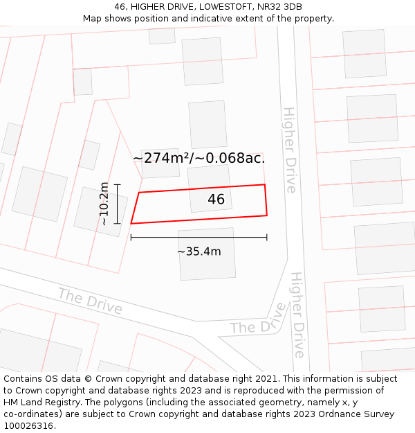46, HIGHER DRIVE, LOWESTOFT, NR32 3DB: Plot and title map