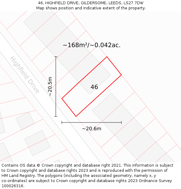 46, HIGHFIELD DRIVE, GILDERSOME, LEEDS, LS27 7DW: Plot and title map