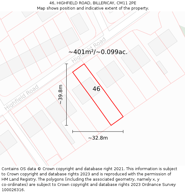 46, HIGHFIELD ROAD, BILLERICAY, CM11 2PE: Plot and title map