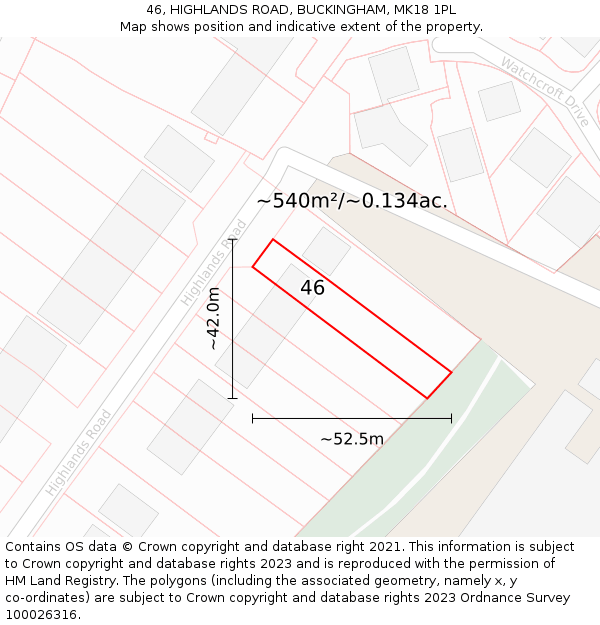 46, HIGHLANDS ROAD, BUCKINGHAM, MK18 1PL: Plot and title map