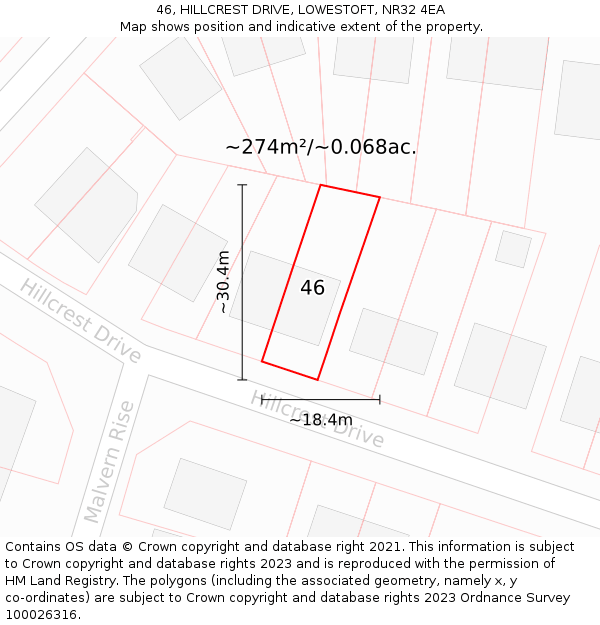 46, HILLCREST DRIVE, LOWESTOFT, NR32 4EA: Plot and title map