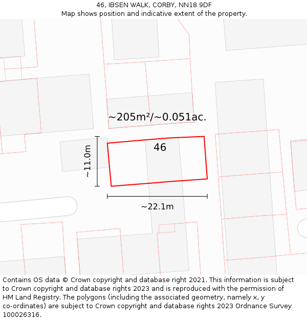 46, IBSEN WALK, CORBY, NN18 9DF: Plot and title map