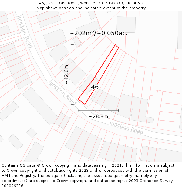 46, JUNCTION ROAD, WARLEY, BRENTWOOD, CM14 5JN: Plot and title map
