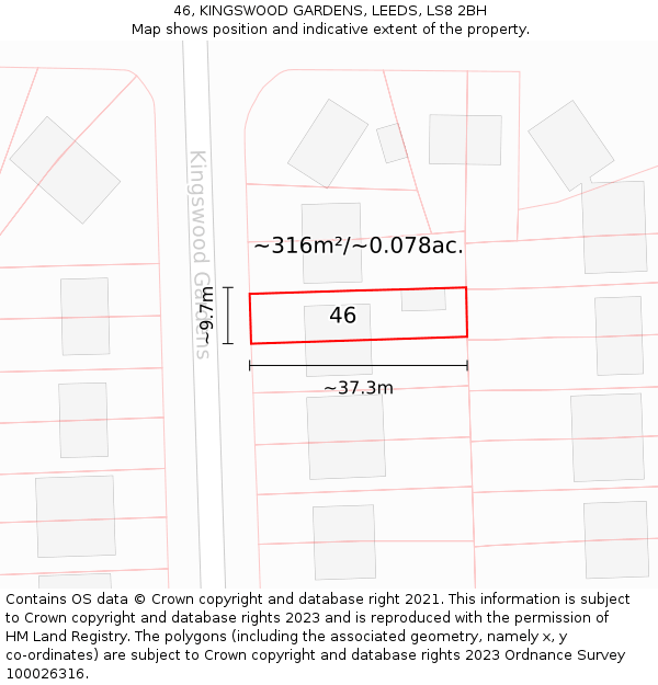 46, KINGSWOOD GARDENS, LEEDS, LS8 2BH: Plot and title map
