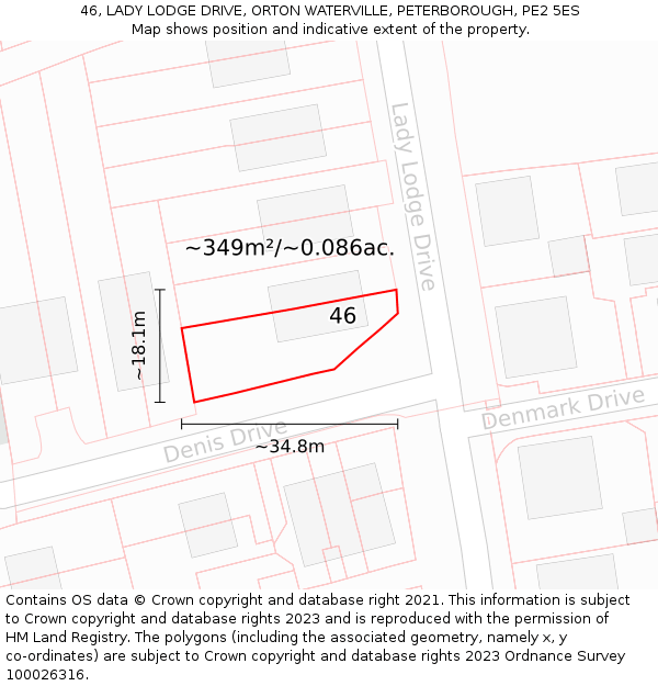 46, LADY LODGE DRIVE, ORTON WATERVILLE, PETERBOROUGH, PE2 5ES: Plot and title map