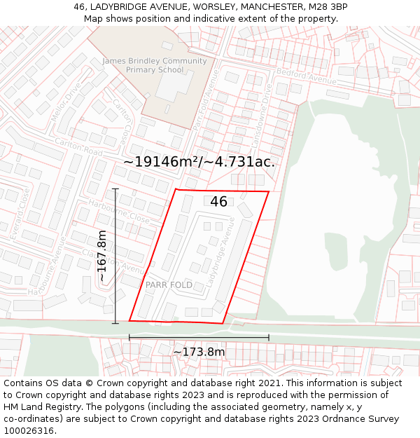 46, LADYBRIDGE AVENUE, WORSLEY, MANCHESTER, M28 3BP: Plot and title map