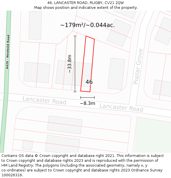 46, LANCASTER ROAD, RUGBY, CV21 2QW: Plot and title map