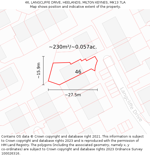 46, LANGCLIFFE DRIVE, HEELANDS, MILTON KEYNES, MK13 7LA: Plot and title map