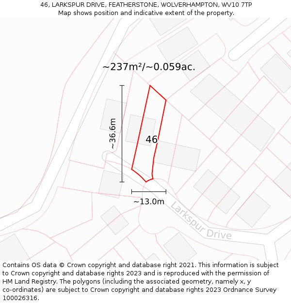 46, LARKSPUR DRIVE, FEATHERSTONE, WOLVERHAMPTON, WV10 7TP: Plot and title map