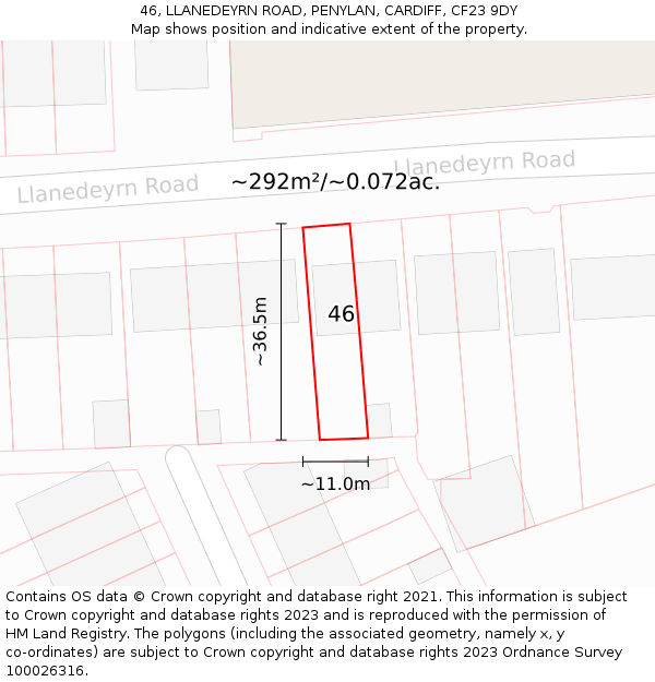 46, LLANEDEYRN ROAD, PENYLAN, CARDIFF, CF23 9DY: Plot and title map