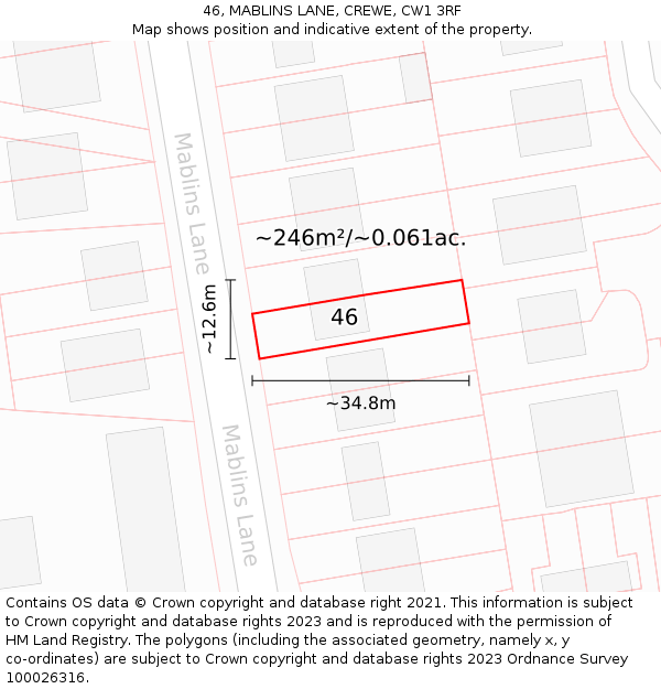 46, MABLINS LANE, CREWE, CW1 3RF: Plot and title map