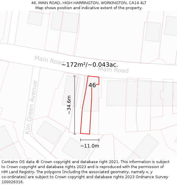 46, MAIN ROAD, HIGH HARRINGTON, WORKINGTON, CA14 4LT: Plot and title map
