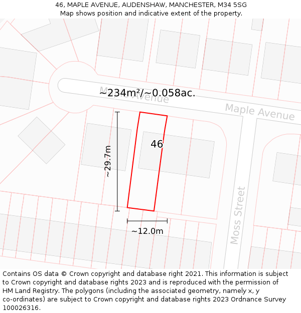 46, MAPLE AVENUE, AUDENSHAW, MANCHESTER, M34 5SG: Plot and title map