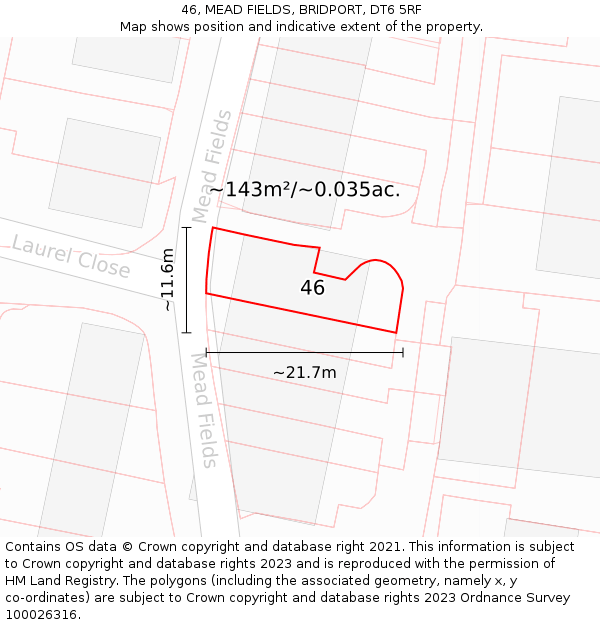 46, MEAD FIELDS, BRIDPORT, DT6 5RF: Plot and title map