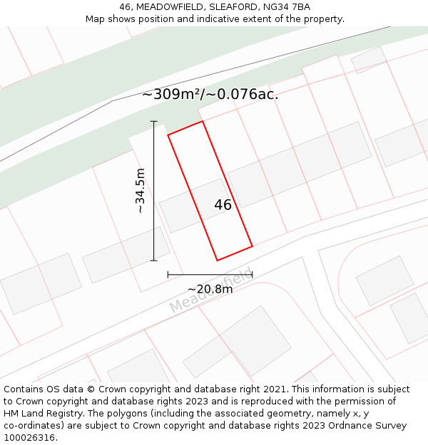 46, MEADOWFIELD, SLEAFORD, NG34 7BA: Plot and title map