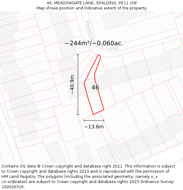46, MEADOWGATE LANE, SPALDING, PE11 1NF: Plot and title map