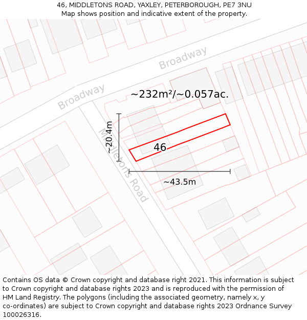 46, MIDDLETONS ROAD, YAXLEY, PETERBOROUGH, PE7 3NU: Plot and title map