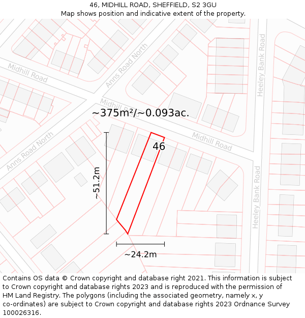 46, MIDHILL ROAD, SHEFFIELD, S2 3GU: Plot and title map