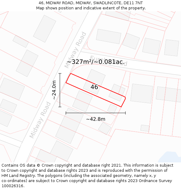 46, MIDWAY ROAD, MIDWAY, SWADLINCOTE, DE11 7NT: Plot and title map