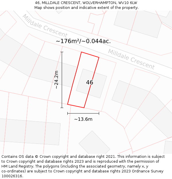 46, MILLDALE CRESCENT, WOLVERHAMPTON, WV10 6LW: Plot and title map