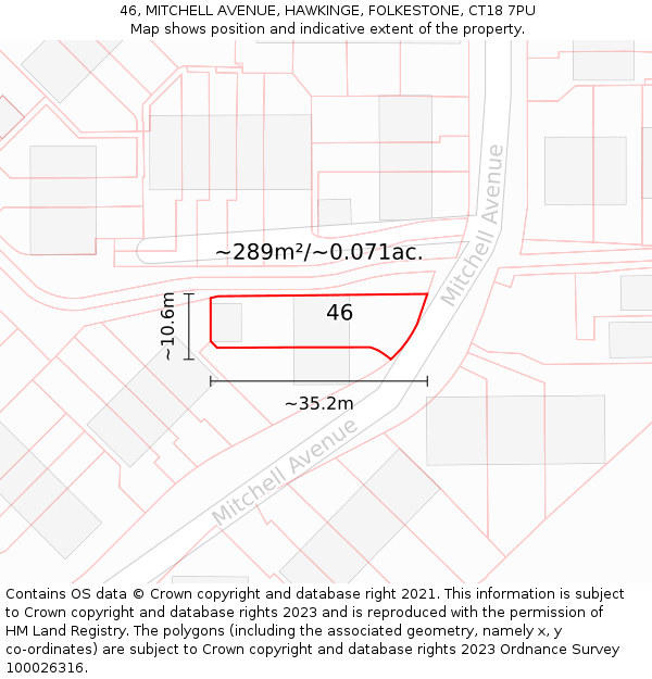 46, MITCHELL AVENUE, HAWKINGE, FOLKESTONE, CT18 7PU: Plot and title map