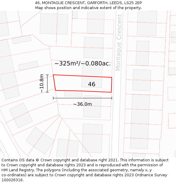 46, MONTAGUE CRESCENT, GARFORTH, LEEDS, LS25 2EP: Plot and title map