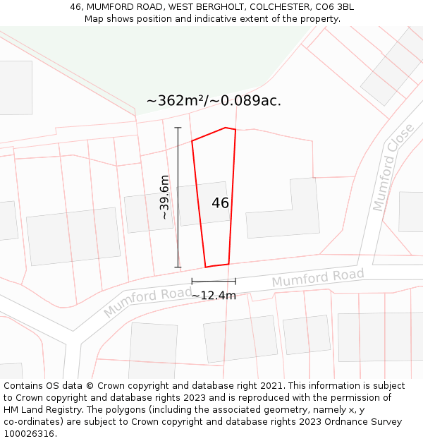 46, MUMFORD ROAD, WEST BERGHOLT, COLCHESTER, CO6 3BL: Plot and title map