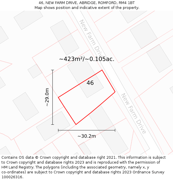 46, NEW FARM DRIVE, ABRIDGE, ROMFORD, RM4 1BT: Plot and title map