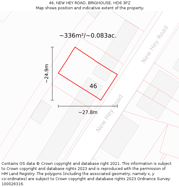 46, NEW HEY ROAD, BRIGHOUSE, HD6 3PZ: Plot and title map