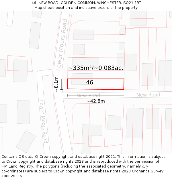 46, NEW ROAD, COLDEN COMMON, WINCHESTER, SO21 1RT: Plot and title map