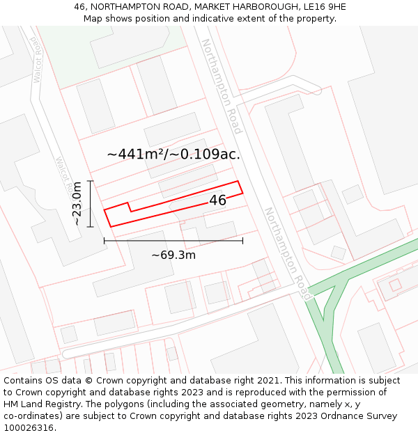 46, NORTHAMPTON ROAD, MARKET HARBOROUGH, LE16 9HE: Plot and title map