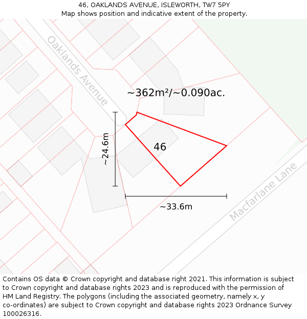 46, OAKLANDS AVENUE, ISLEWORTH, TW7 5PY: Plot and title map