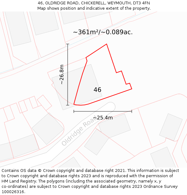 46, OLDRIDGE ROAD, CHICKERELL, WEYMOUTH, DT3 4FN: Plot and title map