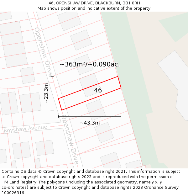 46, OPENSHAW DRIVE, BLACKBURN, BB1 8RH: Plot and title map