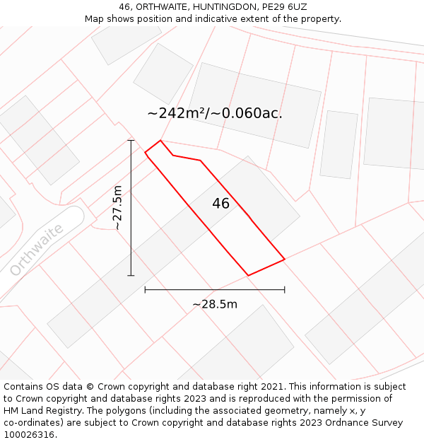 46, ORTHWAITE, HUNTINGDON, PE29 6UZ: Plot and title map