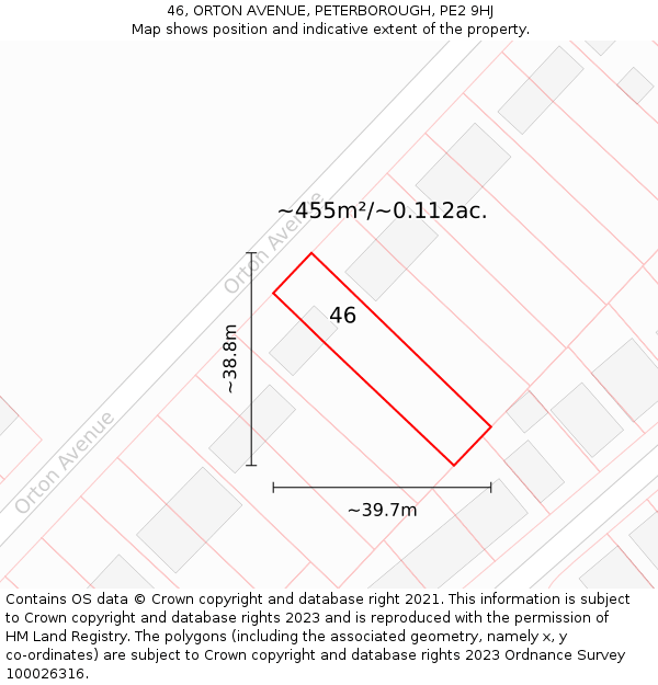 46, ORTON AVENUE, PETERBOROUGH, PE2 9HJ: Plot and title map