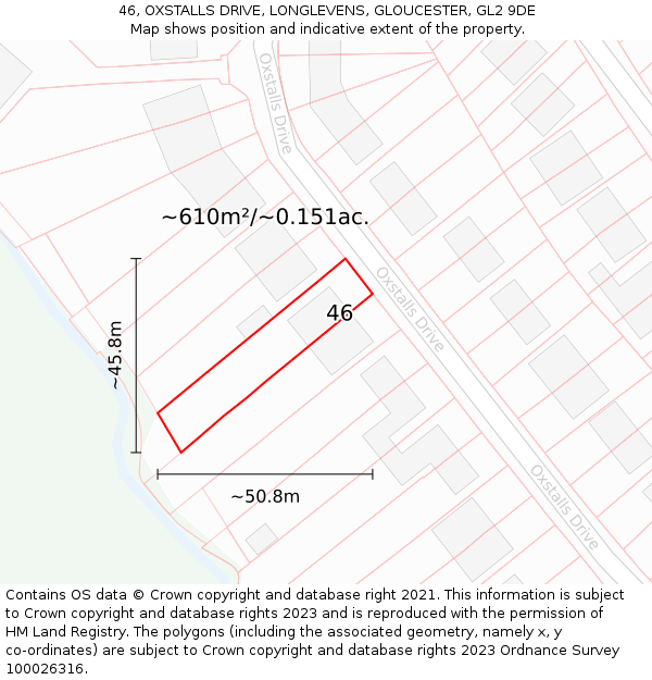 46, OXSTALLS DRIVE, LONGLEVENS, GLOUCESTER, GL2 9DE: Plot and title map