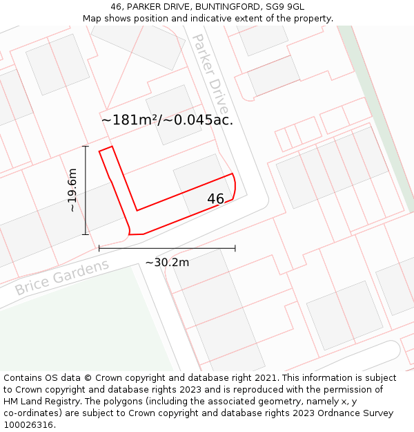 46, PARKER DRIVE, BUNTINGFORD, SG9 9GL: Plot and title map