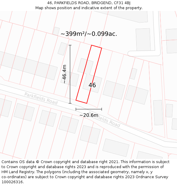 46, PARKFIELDS ROAD, BRIDGEND, CF31 4BJ: Plot and title map
